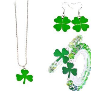 NWT Shamrock Clover Resin Earrings, Necklace, and Bracelet Set